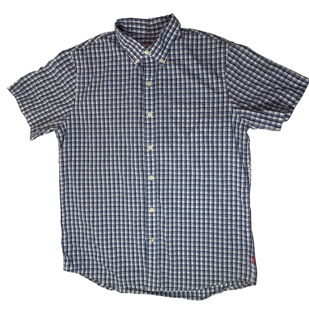 IZOD Mens Blue Gingham Plaid Short Sleeve Button Down Poplin Shirt Large 45SW332
